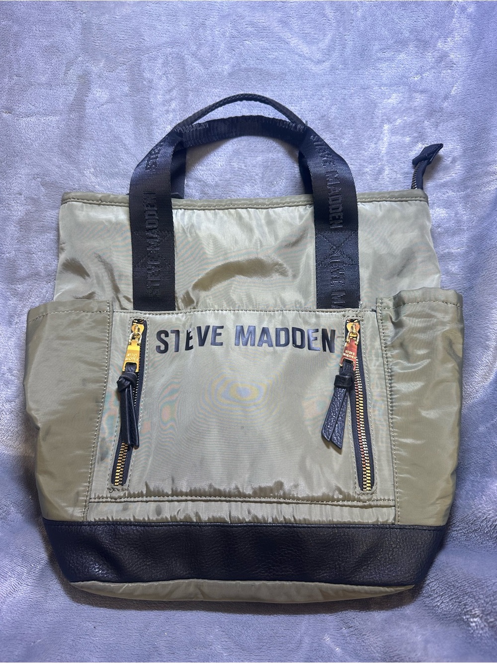 Steve Madden Olive and Black Nylon Messenger Tote